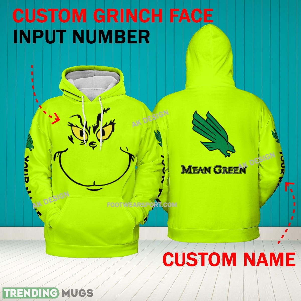 Grinch Face North Texas Mean Green 3D Hoodie, Zip Hoodie, Sweater Green AOP Custom Number And Name - Grinch Face NCAA North Texas Mean Green 3D Hoodie Grinch Face North Texas Mean Green 3D Hoodie, Zip Hoodie, Sweater Green AOP Custom Number And Name - Grinch Face NCAA North Texas Mean Green 3D Hoodie