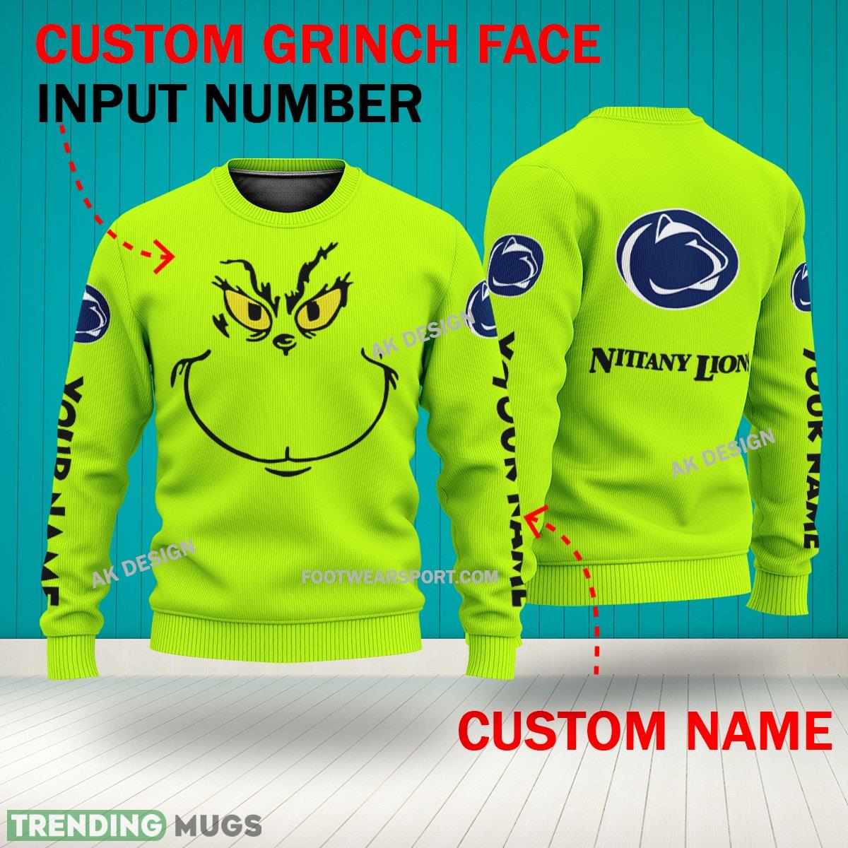 Grinch Face Penn State Nittany Lions 3D Hoodie, Zip Hoodie, Sweater Green AOP Custom Number And Name 3D Hoodies Grinch Face Penn State Nittany Lions 3D Hoodie, Zip Hoodie, Sweater Green AOP Custom Number And Name 3D Hoodies