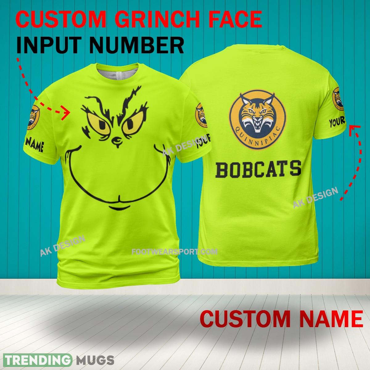 Grinch Face Quinnipiac Bobcats 3D Hoodie, Zip Hoodie, Sweater Green AOP Custom Number And Name 3D Hoodies Grinch Face Quinnipiac Bobcats 3D Hoodie, Zip Hoodie, Sweater Green AOP Custom Number And Name 3D Hoodies
