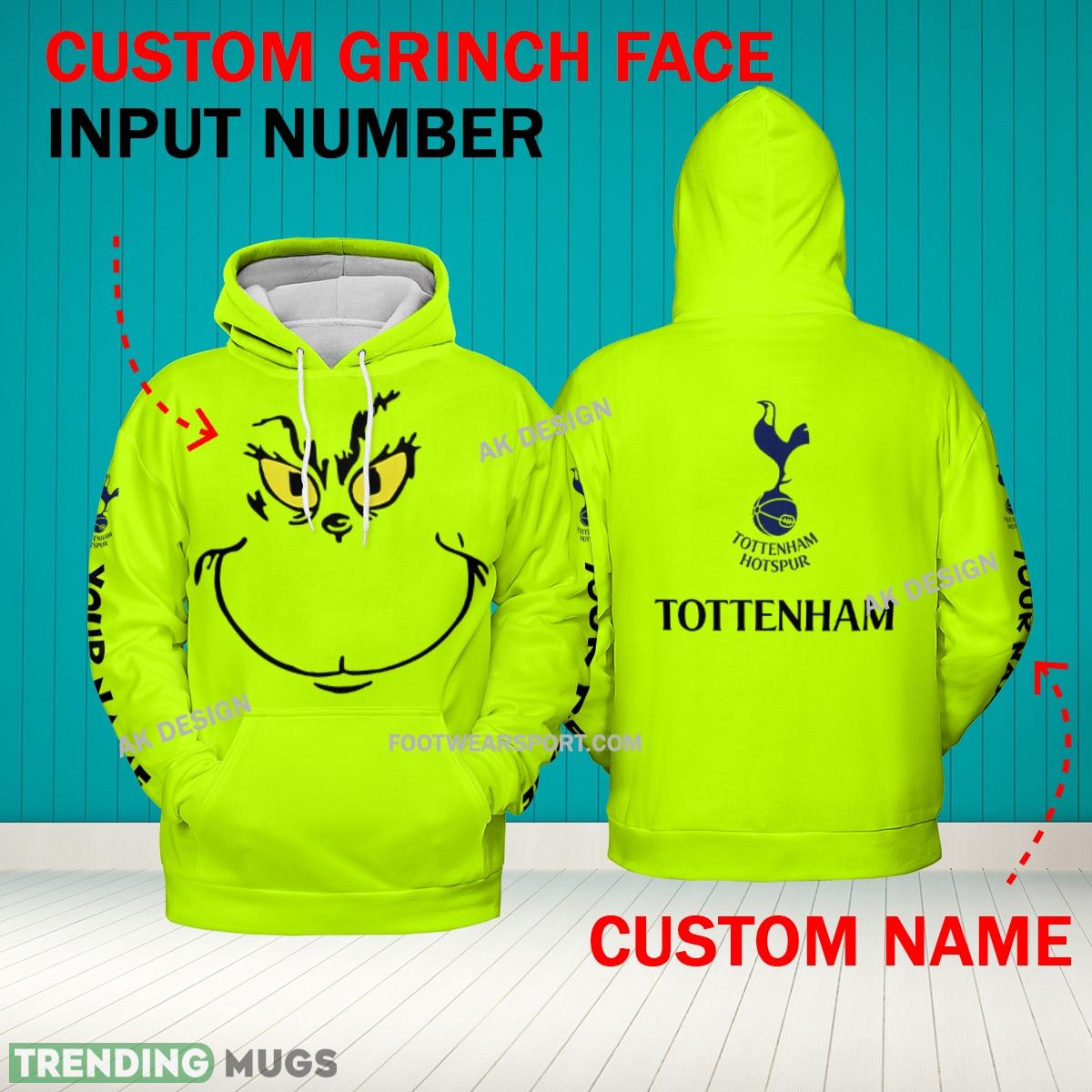Grinch Face Tottenham Hotspur 3D Hoodie, Zip Hoodie, Sweater Green AOP Custom Number And Name - Grinch Face EPL Tottenham Hotspur 3D Hoodie Grinch Face Tottenham Hotspur 3D Hoodie, Zip Hoodie, Sweater Green AOP Custom Number And Name - Grinch Face EPL Tottenham Hotspur 3D Hoodie