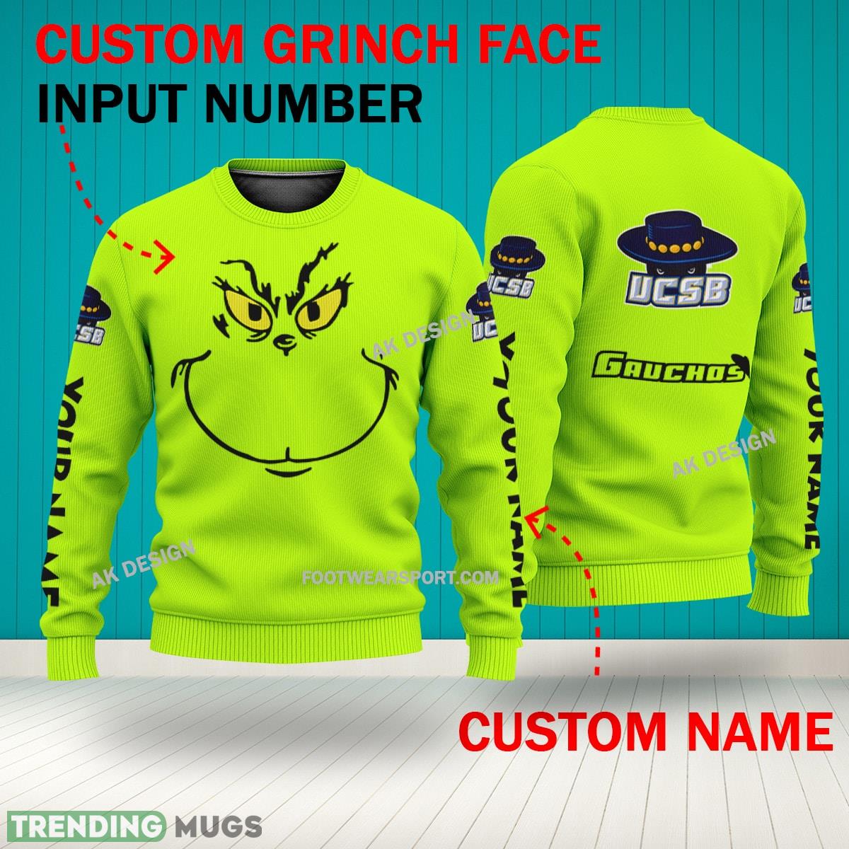 Grinch Face UC Santa Barbara Gauchos 3D Hoodie, Zip Hoodie, Sweater Green AOP Custom Number And Name 3D Hoodies Grinch Face UC Santa Barbara Gauchos 3D Hoodie, Zip Hoodie, Sweater Green AOP Custom Number And Name 3D Hoodies