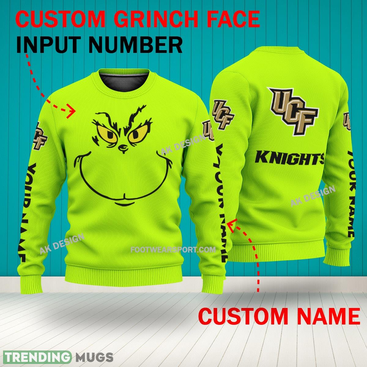 Grinch Face UCF Knights 3D Hoodie, Zip Hoodie, Sweater Green AOP Custom Number And Name 3D Hoodies Grinch Face UCF Knights 3D Hoodie, Zip Hoodie, Sweater Green AOP Custom Number And Name 3D Hoodies