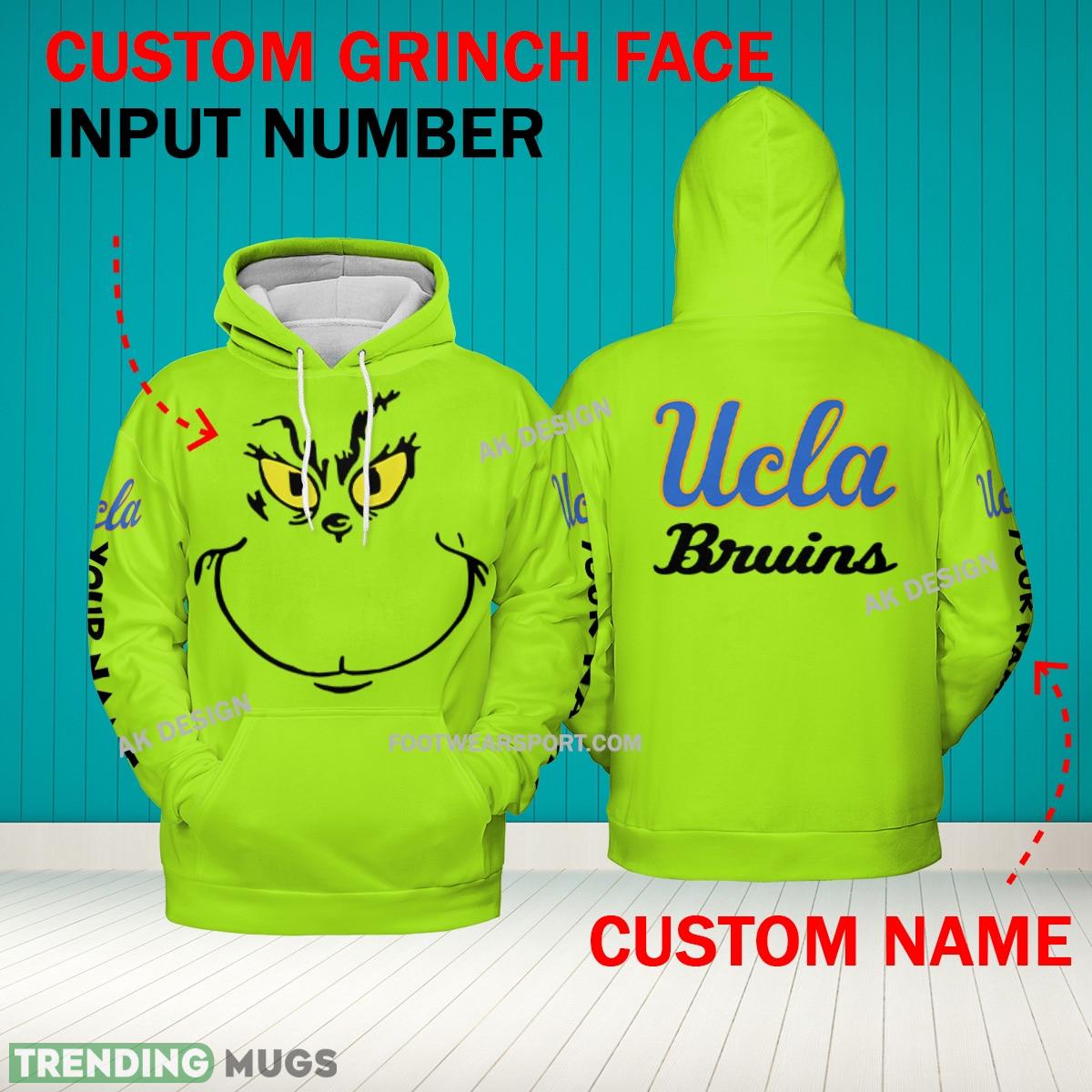 Grinch Face UCLA Bruins 3D Hoodie, Zip Hoodie, Sweater Green AOP Custom Number And Name - Grinch Face NCAA UCLA Bruins 3D Hoodie Grinch Face UCLA Bruins 3D Hoodie, Zip Hoodie, Sweater Green AOP Custom Number And Name - Grinch Face NCAA UCLA Bruins 3D Hoodie