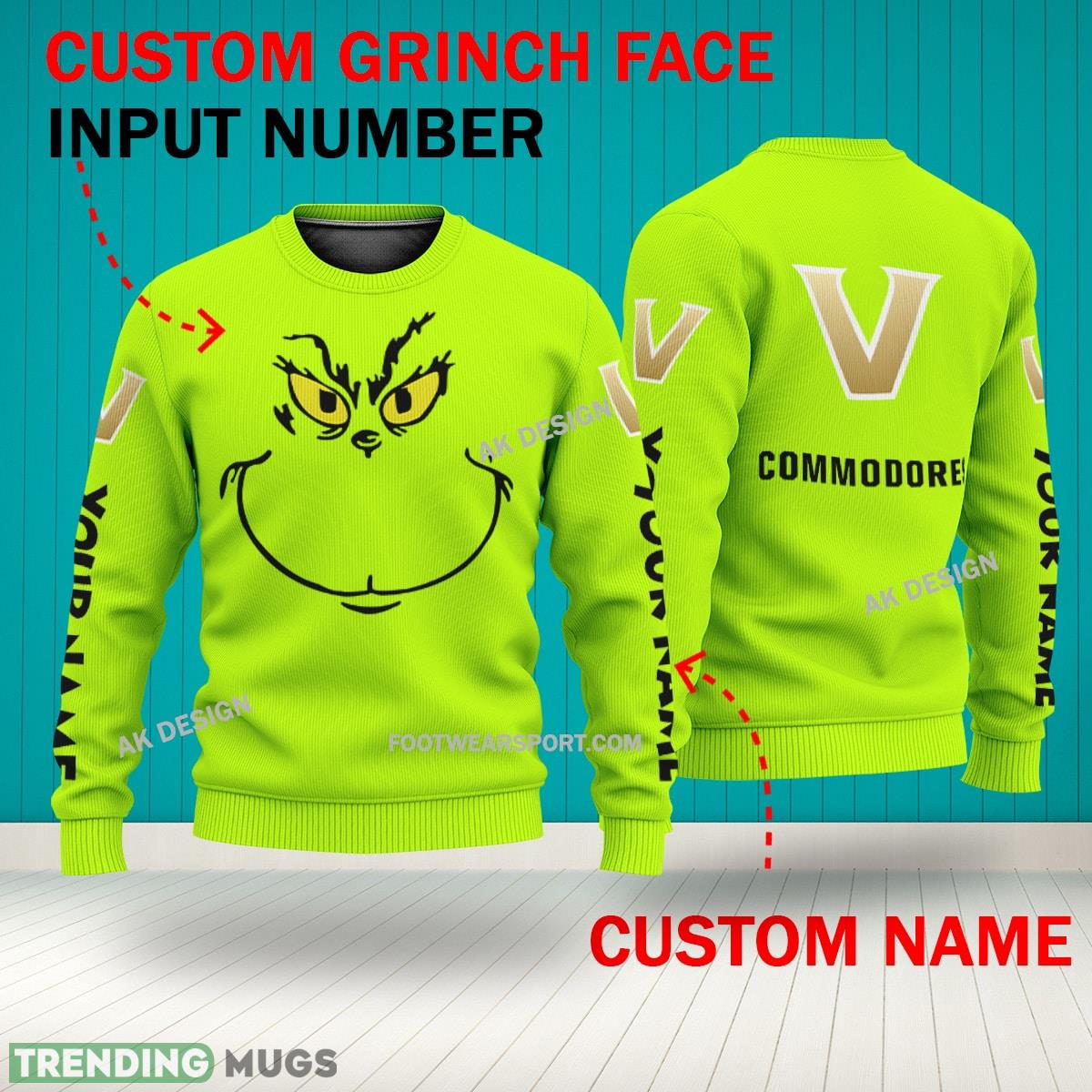 Grinch Face Vanderbilt Commodores 3D Hoodie, Zip Hoodie, Sweater Green AOP Custom Number And Name 3D Hoodies Grinch Face Vanderbilt Commodores 3D Hoodie, Zip Hoodie, Sweater Green AOP Custom Number And Name 3D Hoodies