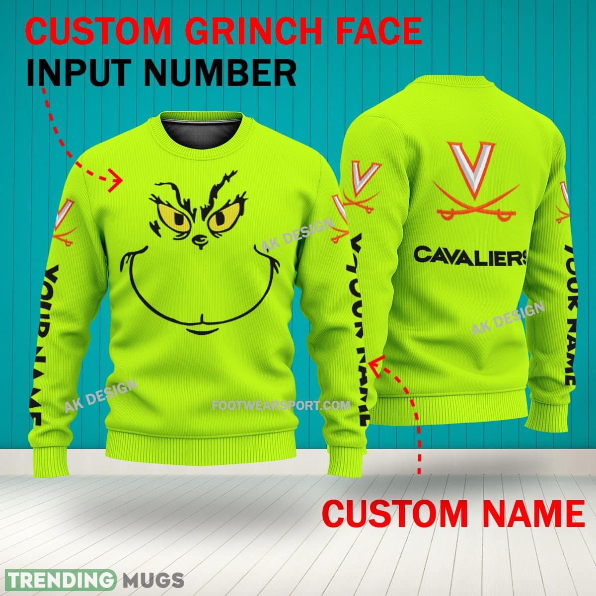 Grinch Face Virginia Cavaliers 3D Hoodie, Zip Hoodie, Sweater Green AOP Custom Number And Name 3D Hoodies Grinch Face Virginia Cavaliers 3D Hoodie, Zip Hoodie, Sweater Green AOP Custom Number And Name 3D Hoodies