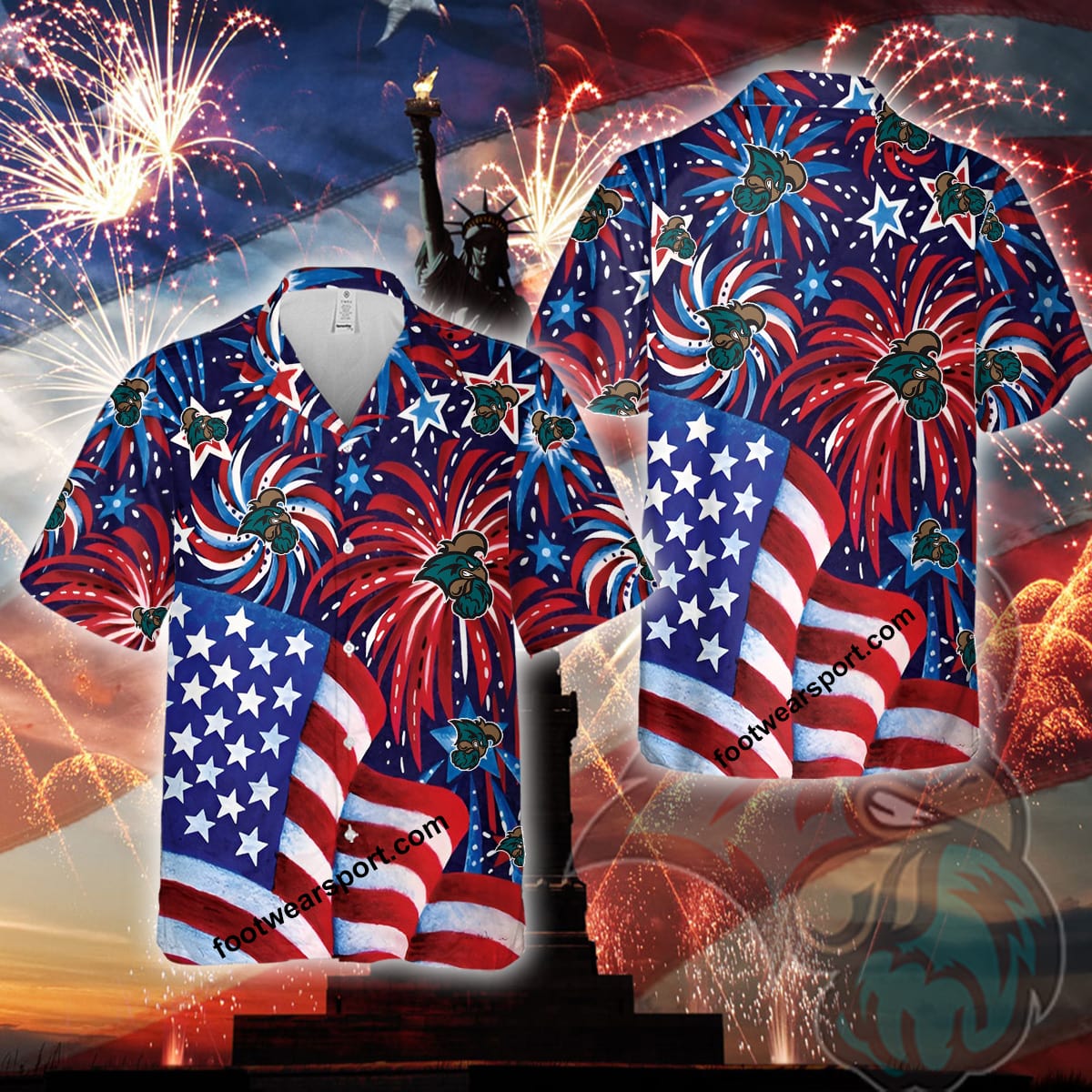 Logo NCAA Coastal Carolina Chanticleers US Flag Pattern Firework Memory copy Aloha Hawaiian Shirt Gift Independence Day - 060524-114851 Logo NCAA Coastal Carolina Chanticleers US Flag Pattern Firework Memory copy Aloha Hawaiian Shirt Gift Independence Day - 060524-114851