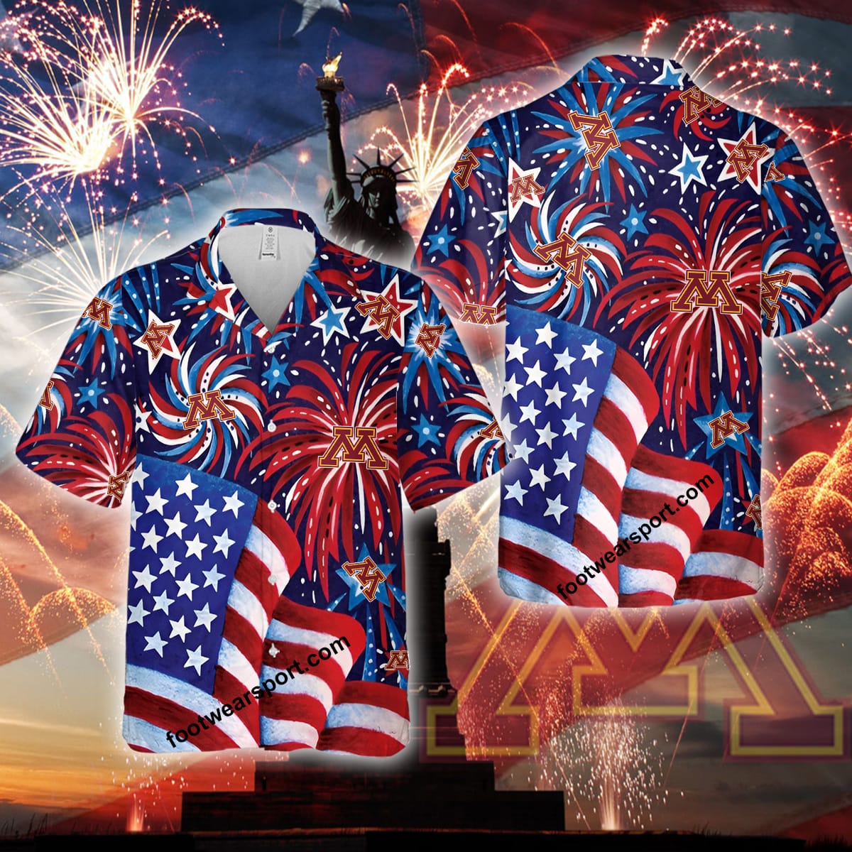 Logo NCAA Minnesota Golden Gophers US Flag Pattern Firework Memory copy Summer Aloha Hawaiian Shirt Gift Independence Day - 060524-122500