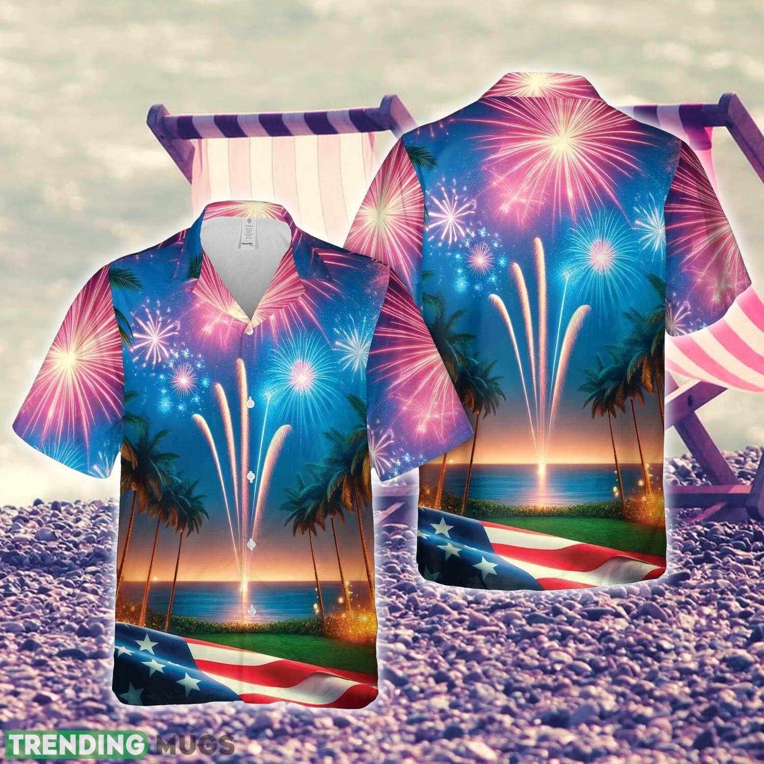 Palm Trees Fireworks With USA Flag 4th of July 1 Hawaiian Shirt - Palm Trees Fireworks With USA Flag 4th of July 1 Hawaiian Shirt