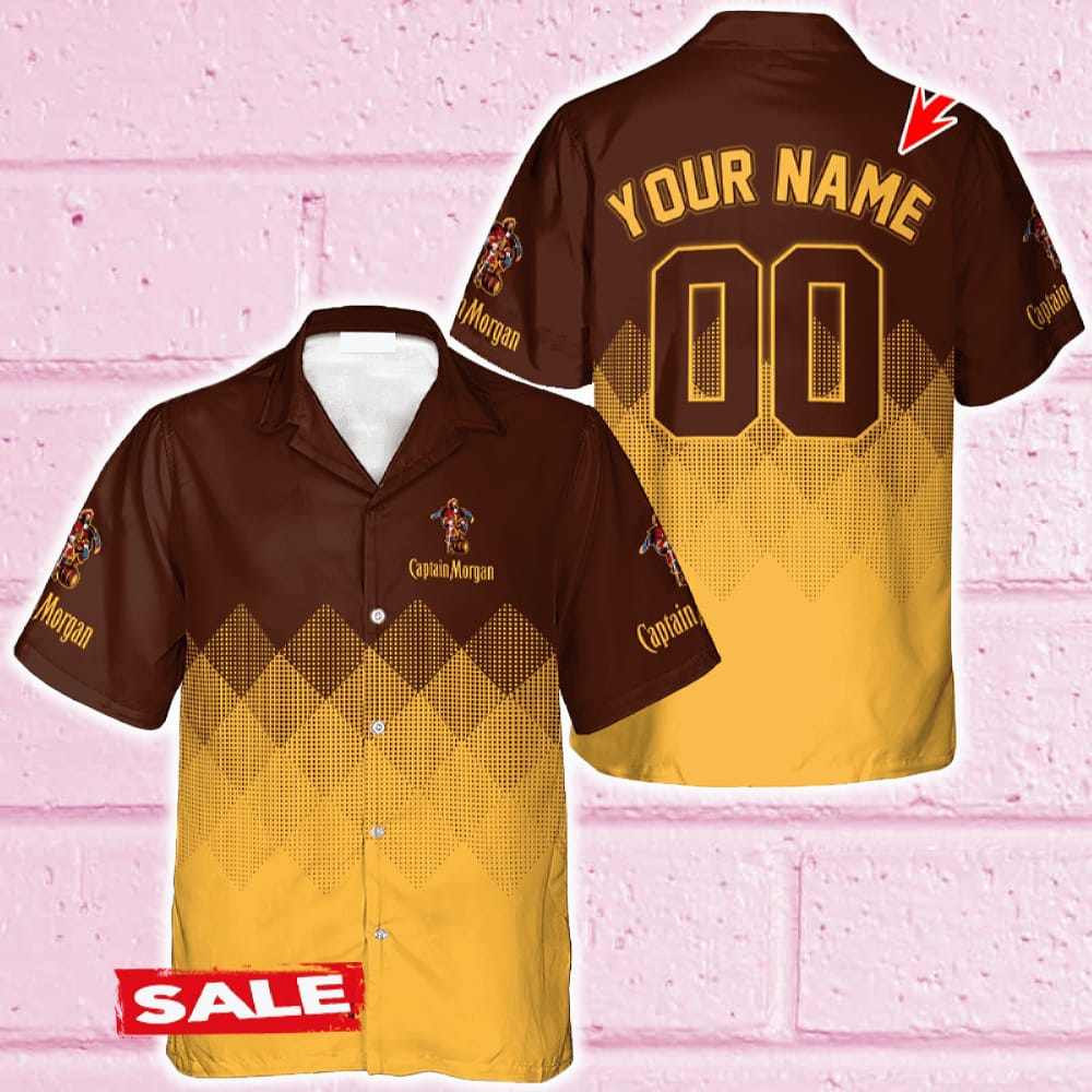 Custom Number And Name Captain Morgan Yellow And Brown Halftone Hawaiian Shirt Beer For Men Women Summer Beach - 090624-111424 Custom Number And Name Captain Morgan Yellow And Brown Halftone Hawaiian Shirt Beer For Men Women Summer Beach - 090624-111424
