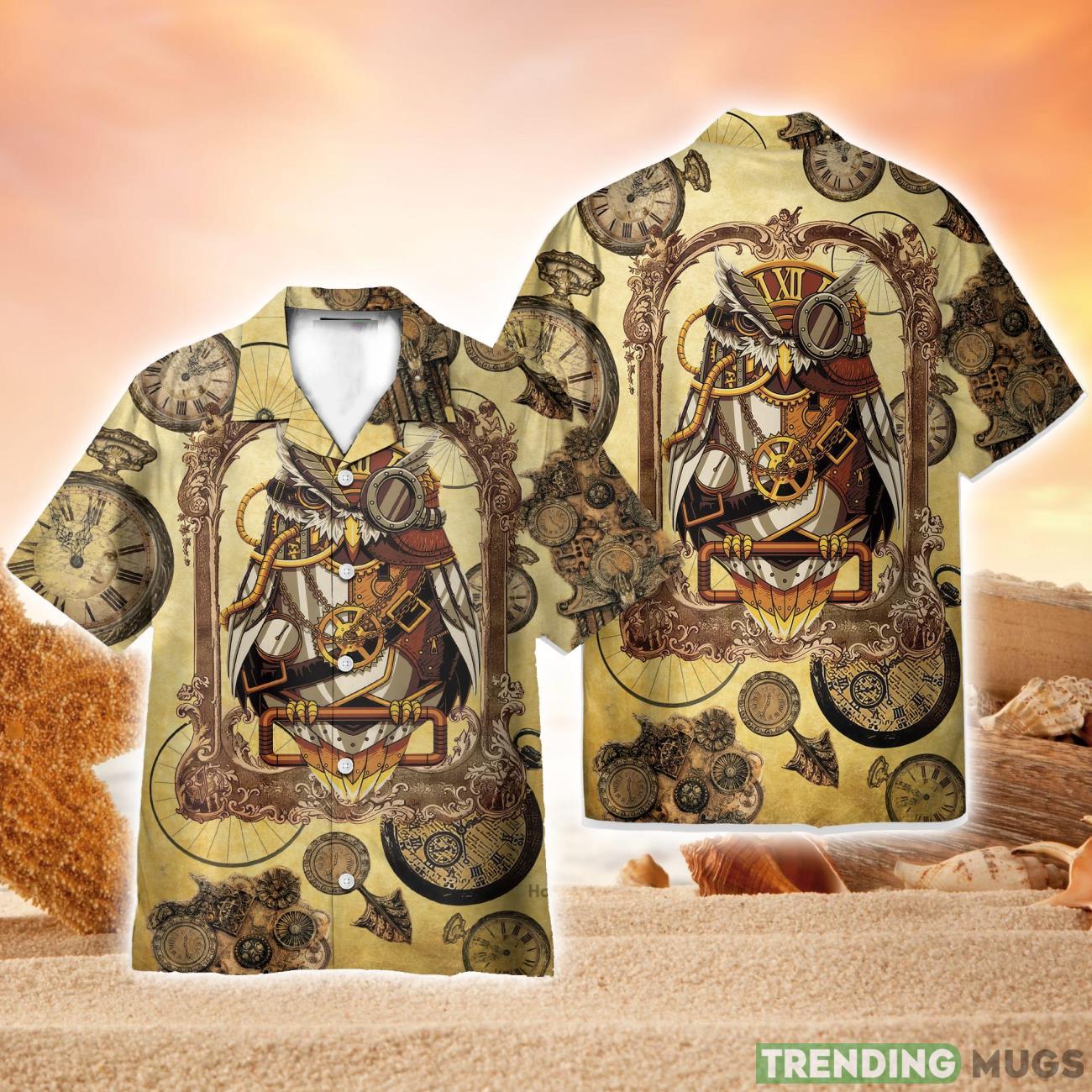 Owl Steampunk Clock  Full Printed Hawaiian Shirt Beach Shirt Product Photo 1