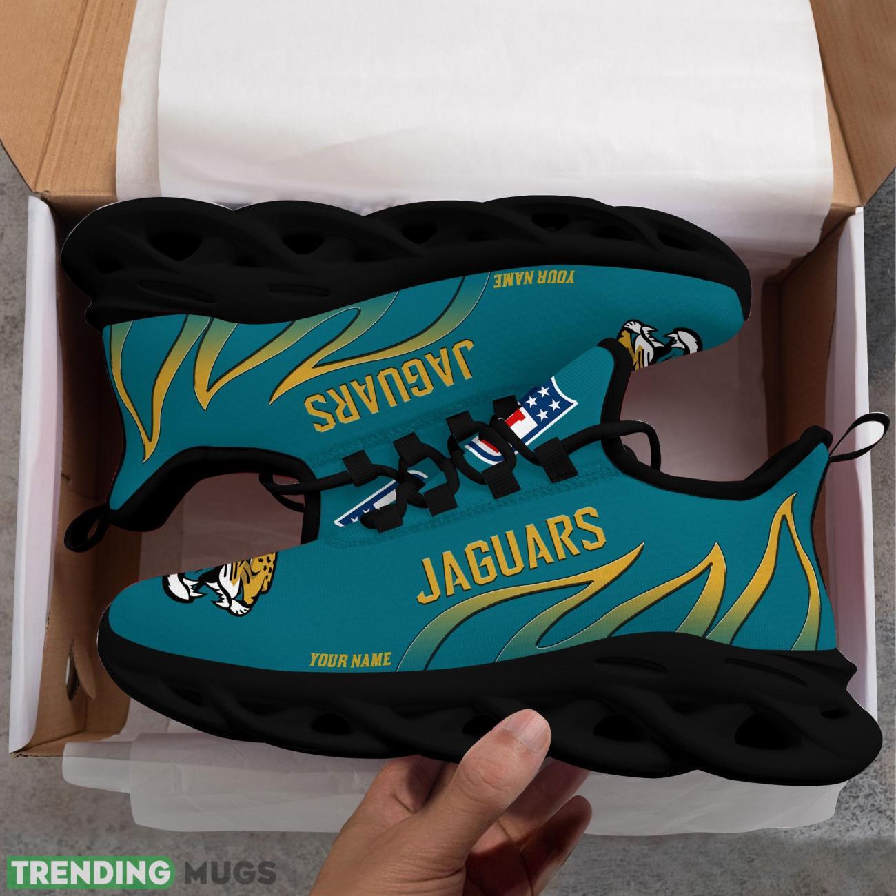 Running Sneakers NFL Jacksonville Jaguars Fire Pattern Personalized Name Max Soul Shoes Sneakers Max Soul Running Sneakers NFL Jacksonville Jaguars Fire Pattern Personalized Name Max Soul Shoes Sneakers Max Soul